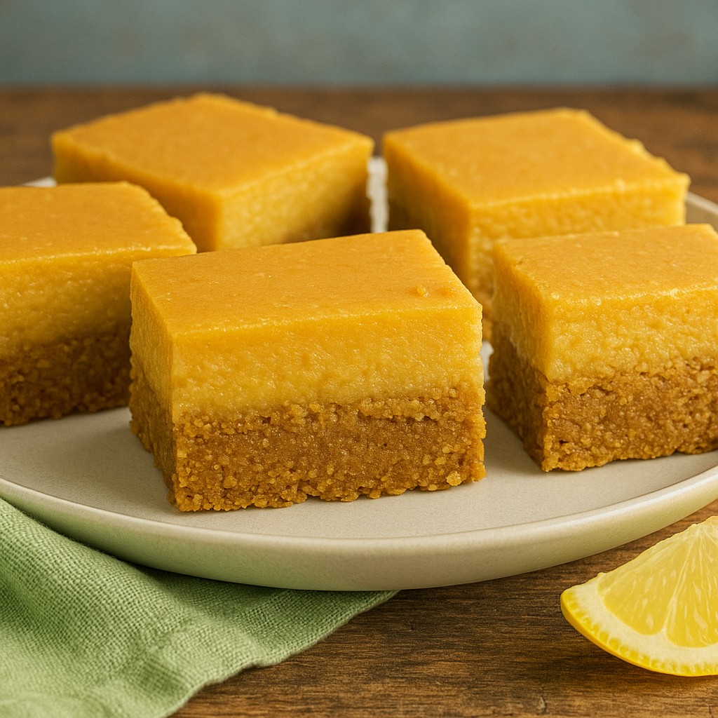 AIP Lemon Bars, No Coconut Flour – plate of gluten-free, dairy-free, egg-free lemon bars with tigernut crust, paleo, autoimmune protocol dessert