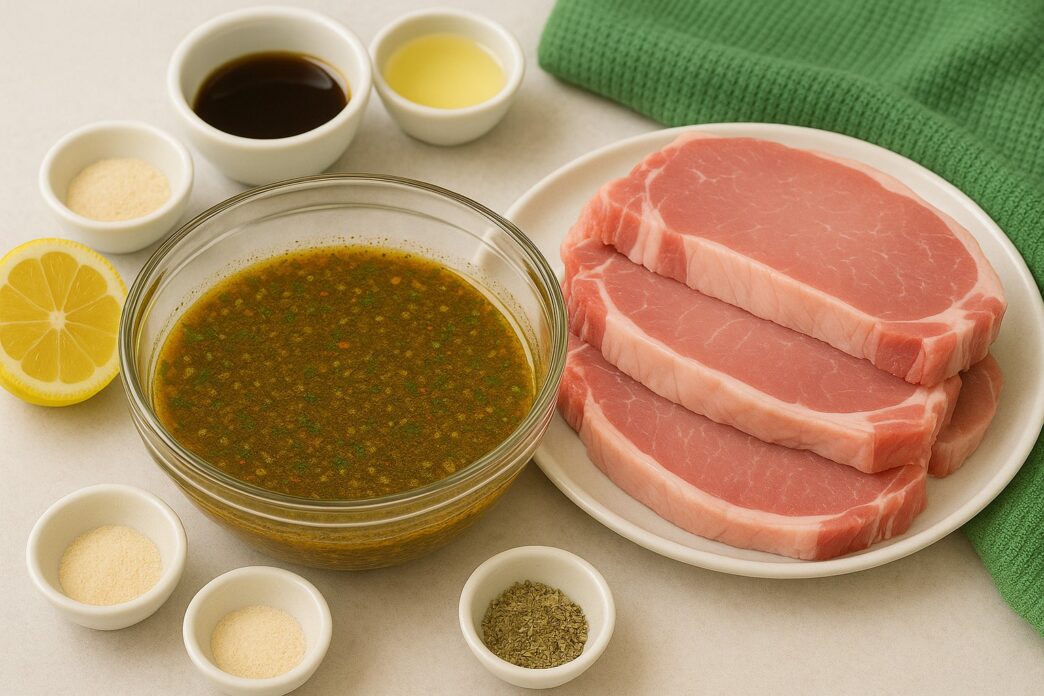 Savory Pork Chops Marinade with raw pork chops, lemon, herbs, and spices – a flavorful, gluten-free, dairy-free, anti-inflammatory AIP-friendly recipe.