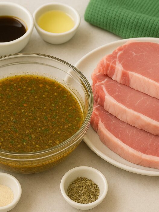 Savory Pork Chops Marinade with raw pork chops, lemon, herbs, and spices – a flavorful, gluten-free, dairy-free, anti-inflammatory AIP-friendly recipe.