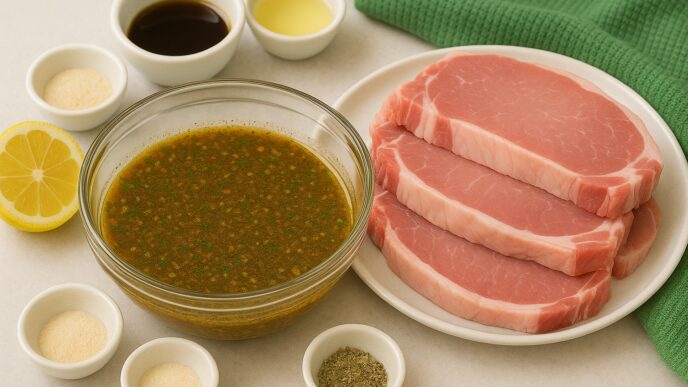 Savory Pork Chops Marinade with raw pork chops, lemon, herbs, and spices – a flavorful, gluten-free, dairy-free, anti-inflammatory AIP-friendly recipe.