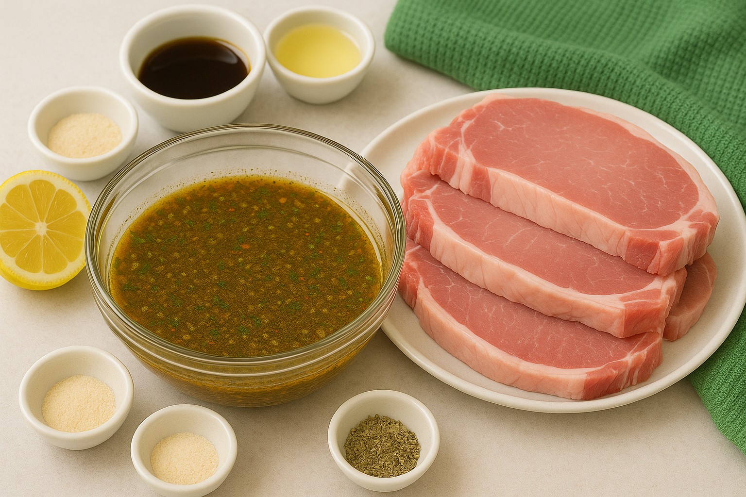 Savory Pork Chops Marinade with raw pork chops, lemon, herbs, and spices – a flavorful, gluten-free, dairy-free, anti-inflammatory AIP-friendly recipe.