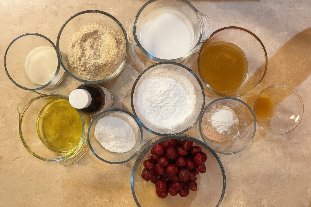 AIP Summer Sour Cherry Cake ingredients displayed in clear glass bowls including tigernut flour, coconut milk, tapioca flour, honey, and cherries. Gluten-free, dairy-free, egg-free, perfect for autoimmune diet