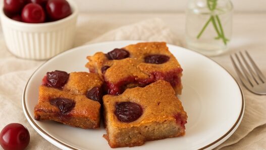 AIP Summer Sour Cherry Cake squares on a white plate, surrounded by fresh cherries and flowers, perfect for gluten-free, dairy-free, egg-free diets.
