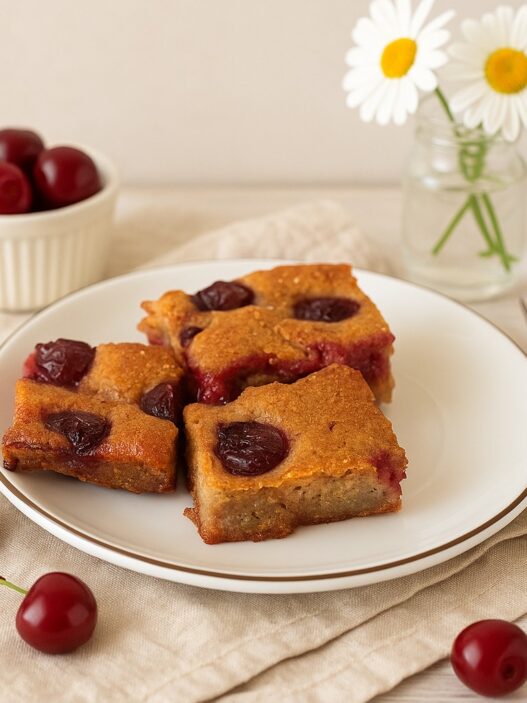 AIP Summer Sour Cherry Cake squares on a white plate, surrounded by fresh cherries and flowers, perfect for gluten-free, dairy-free, egg-free diets.
