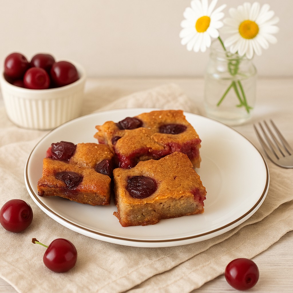 AIP Summer Sour Cherry Cake squares on a white plate, surrounded by fresh cherries and flowers, perfect for gluten-free, dairy-free, egg-free diets.