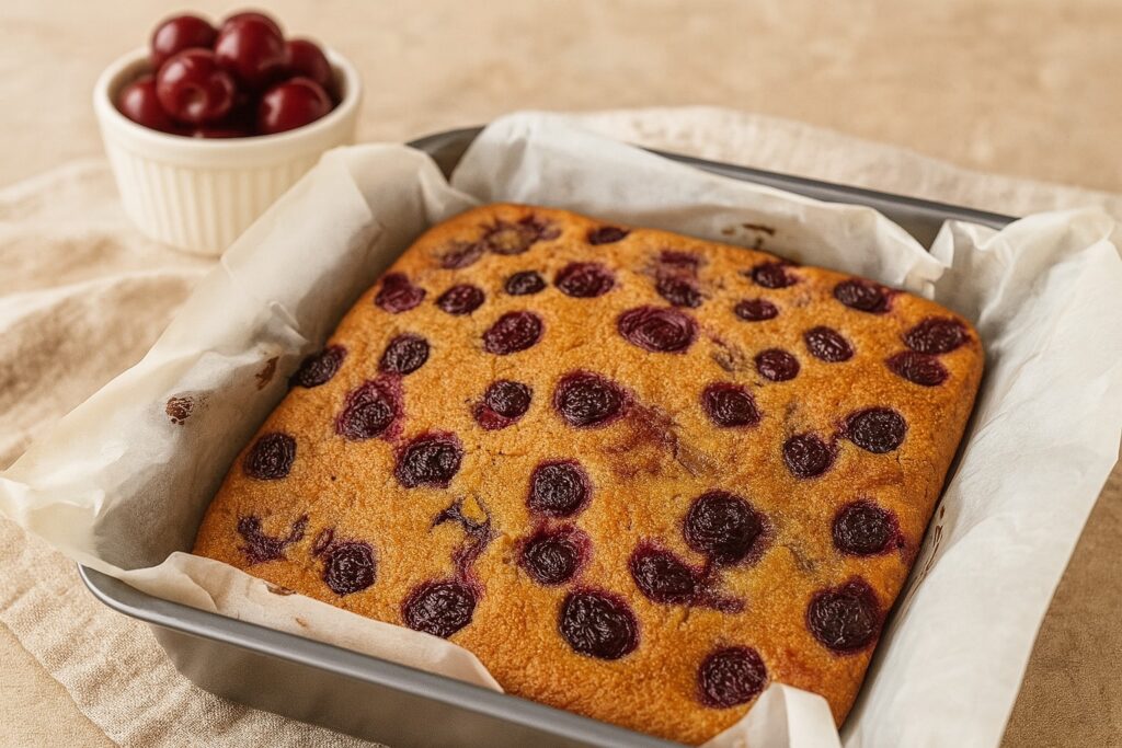 Freshly baked AIP Summer Sour Cherry Cake in a parchment-lined pan, gluten-free, dairy-free, egg-free, and made with tigernut flour.