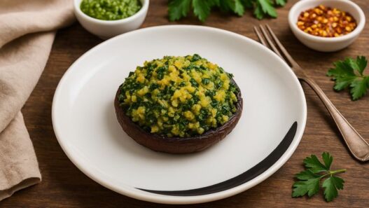 Stuffed portobello mushroom filled with golden spinach herb blend on a white plate, AIP compliant, gluten-free, dairy-free, anti-inflammatory recipe