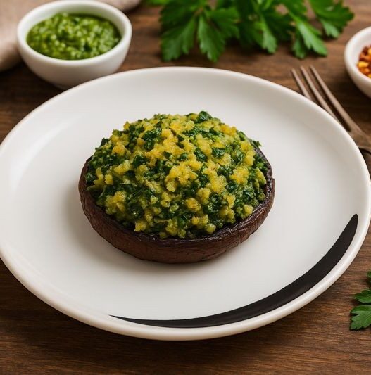 Stuffed portobello mushroom filled with golden spinach herb blend on a white plate, AIP compliant, gluten-free, dairy-free, anti-inflammatory recipe