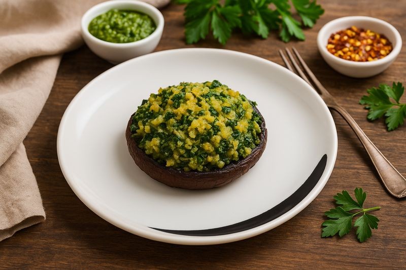 Stuffed portobello mushroom filled with golden spinach herb blend on a white plate, AIP compliant, gluten-free, dairy-free, anti-inflammatory recipe
