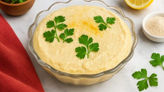 AIP Cauliflower Butternut Hummus in a glass bowl with parsley garnish, creamy chickpea-free dip on a stone countertop, AIP elimination, gluten-free, legumes-free, dairy-free, nightshades-free