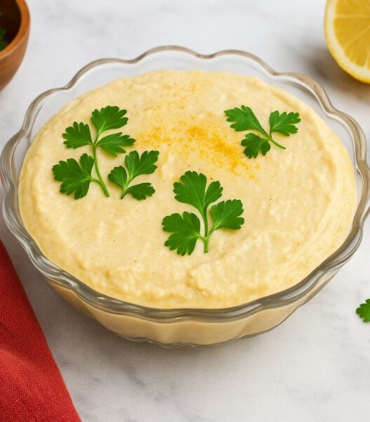 AIP Cauliflower Butternut Hummus in a glass bowl with parsley garnish, creamy chickpea-free dip on a stone countertop, AIP elimination, gluten-free, legumes-free, dairy-free, nightshades-free