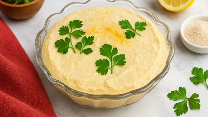 AIP Cauliflower Butternut Hummus in a glass bowl with parsley garnish, creamy chickpea-free dip on a stone countertop, AIP elimination, gluten-free, legumes-free, dairy-free, nightshades-free