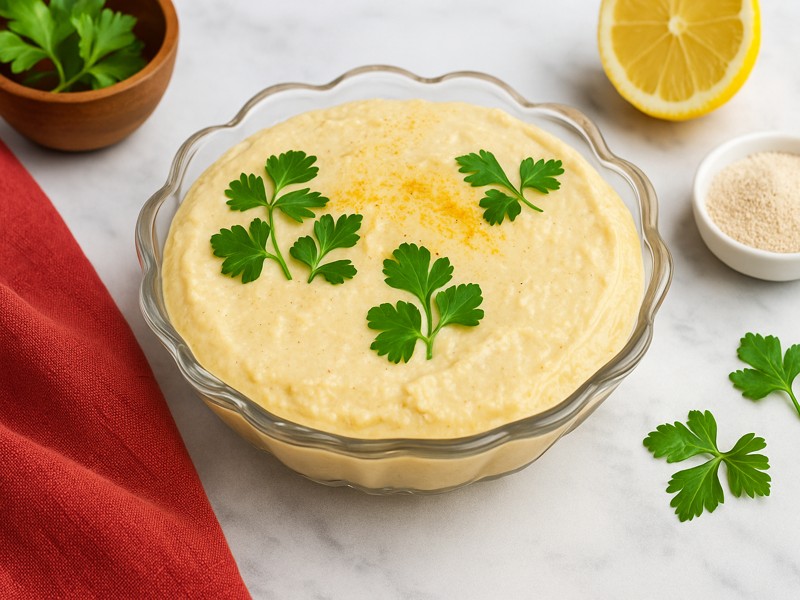 AIP Cauliflower Butternut Hummus in a glass bowl with parsley garnish, creamy chickpea-free dip on a stone countertop, AIP elimination, gluten-free, legumes-free, dairy-free, nightshades-free