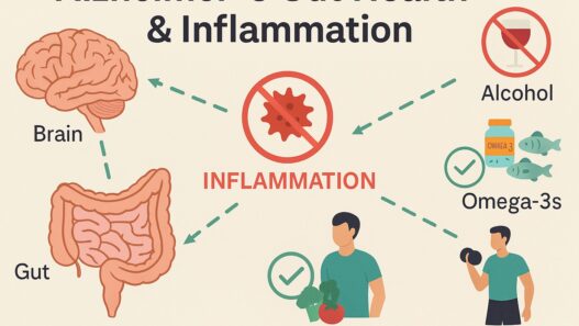 Alzheimer's Gut Health & Inflammation infographic showing the gut-brain connection, inflammation triggers like alcohol, and protective strategies such as diet, omega-3s, and strength training.