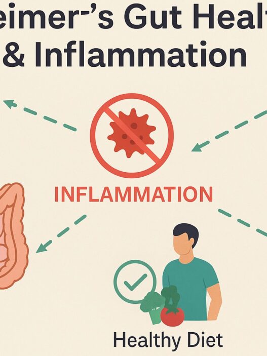 Alzheimer's Gut Health & Inflammation infographic showing the gut-brain connection, inflammation triggers like alcohol, and protective strategies such as diet, omega-3s, and strength training.