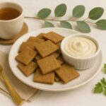 Crunchy Tasty AIP Crackers made with anti-inflammatory, grain-free, gluten-free flours, served with a creamy dairy-free dip and herbal tea – perfect for the autoimmune protocol (AIP) elimination phase and gut healing diet.