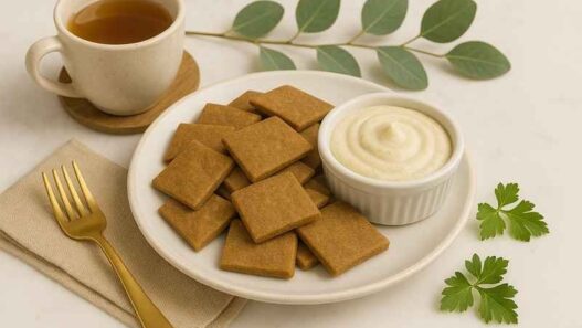 Crunchy Tasty AIP Crackers made with anti-inflammatory, grain-free, gluten-free flours, served with a creamy dairy-free dip and herbal tea – perfect for the autoimmune protocol (AIP) elimination phase and gut healing diet.