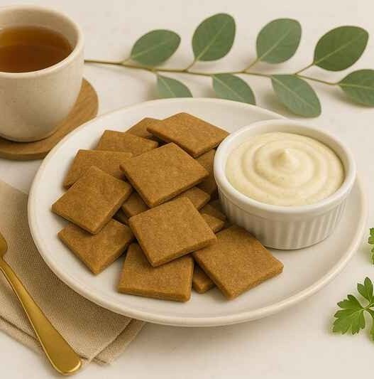 Crunchy Tasty AIP Crackers made with anti-inflammatory, grain-free, gluten-free flours, served with a creamy dairy-free dip and herbal tea – perfect for the autoimmune protocol (AIP) elimination phase and gut healing diet.