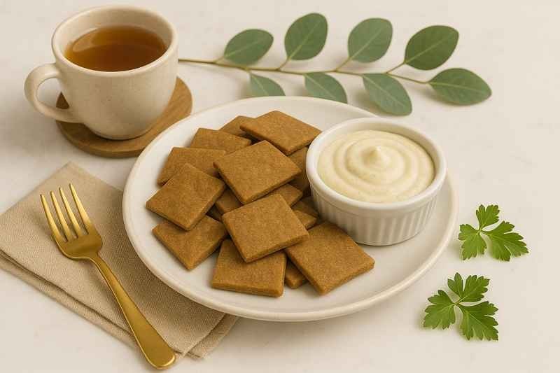 Crunchy Tasty AIP Crackers made with anti-inflammatory, grain-free, gluten-free flours, served with a creamy dairy-free dip and herbal tea – perfect for the autoimmune protocol (AIP) elimination phase and gut healing diet.
