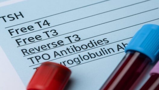 Hashimoto's Test Guide– blood samples and thyroid lab form showing TSH, Free T3, Free T4, Reverse T3, and antibody markers