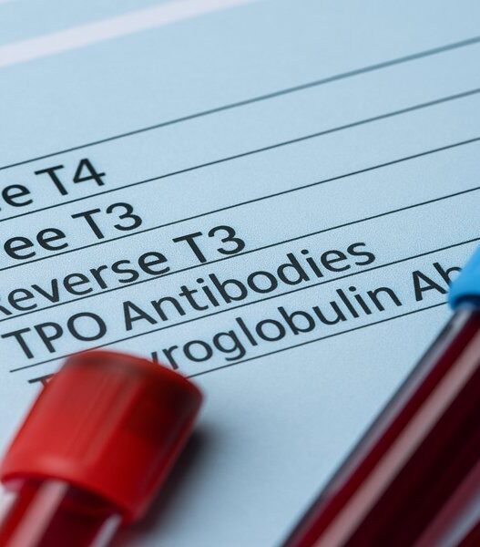 Hashimoto's Test Guide– blood samples and thyroid lab form showing TSH, Free T3, Free T4, Reverse T3, and antibody markers