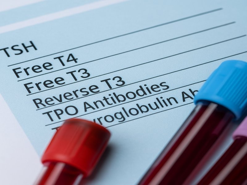Hashimoto's Test Guide– blood samples and thyroid lab form showing TSH, Free T3, Free T4, Reverse T3, and antibody markers