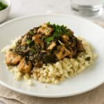 AIP Chicken Mongolian Style served over cauliflower rice, gut health friendly, gluten free, dairy free, soy free, nightshades free autoimmune recipe.