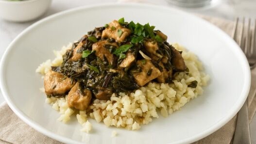 AIP Chicken Mongolian Style served over cauliflower rice, gut health friendly, gluten free, dairy free, soy free, nightshades free autoimmune recipe.