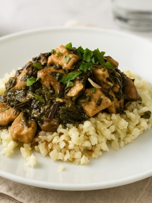 AIP Chicken Mongolian Style served over cauliflower rice, gut health friendly, gluten free, dairy free, soy free, nightshades free autoimmune recipe.