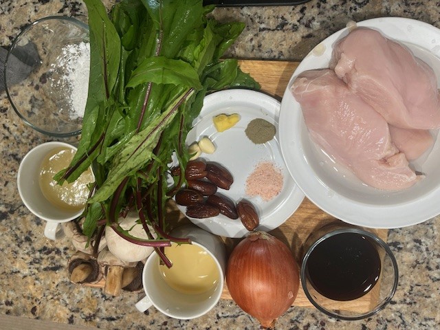 Ingredients for AIP Chicken Mongolian Style with chicken breast, mushrooms, dandelion greens, onion, garlic, ginger, dates, and coconut aminos. Gut health friendly, gluten free, dairy free, soy free, and nightshades free.