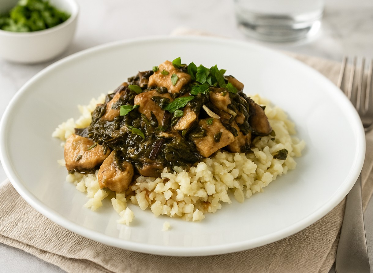 AIP Chicken Mongolian Style served over cauliflower rice, gut health friendly, gluten free, dairy free, soy free, nightshades free autoimmune recipe.