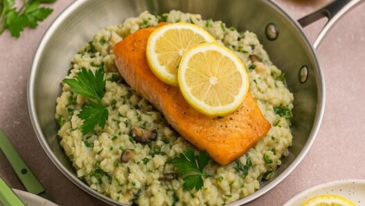 AIP Creamy Mushroom Risotto with salmon served in a stainless steel casserole, topped with lemon slices and parsley, grain free dairy free recipe