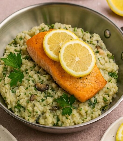 AIP Creamy Mushroom Risotto with salmon served in a stainless steel casserole, topped with lemon slices and parsley, grain free dairy free recipe