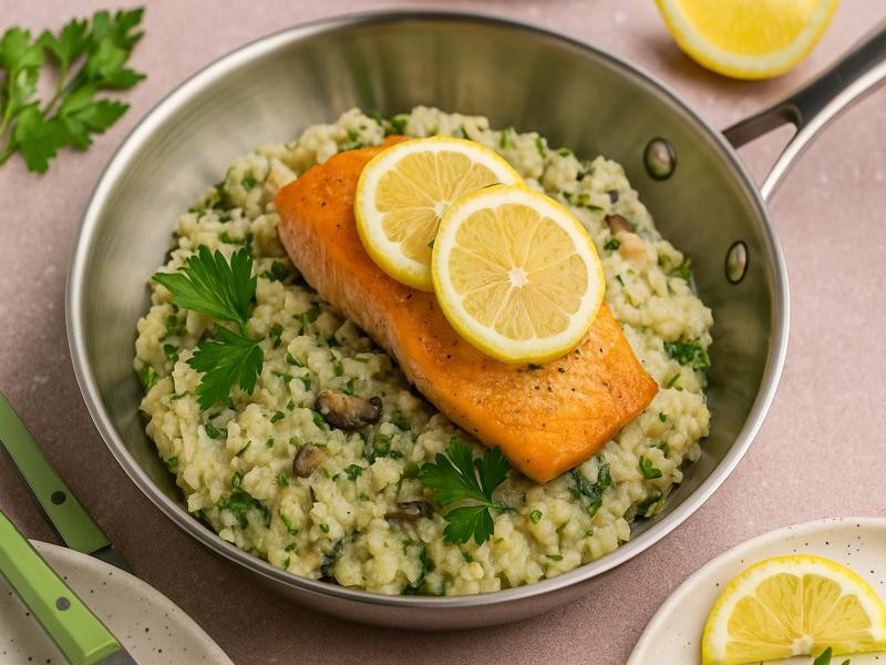 AIP Creamy Mushroom Risotto with salmon served in a stainless steel casserole, topped with lemon slices and parsley, grain free dairy free recipe