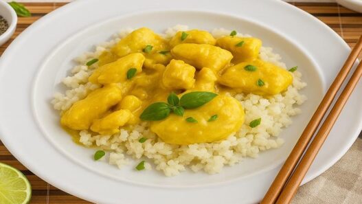AIP Thai Coconut Chicken served on cauliflower rice, garnished with basil, gluten free, dairy free, soy free, nightshade free, Paleo dinner.