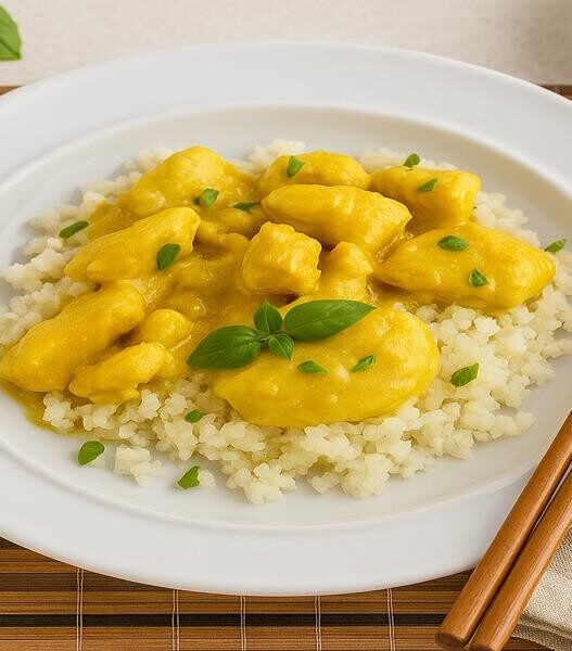 AIP Thai Coconut Chicken served on cauliflower rice, garnished with basil, gluten free, dairy free, soy free, nightshade free, Paleo dinner.