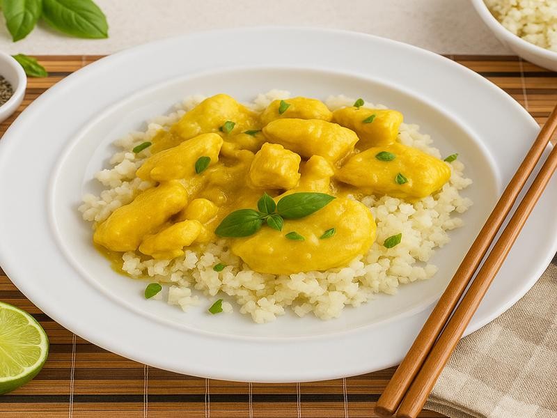 AIP Thai Coconut Chicken served on cauliflower rice, garnished with basil, gluten free, dairy free, soy free, nightshade free, Paleo dinner.