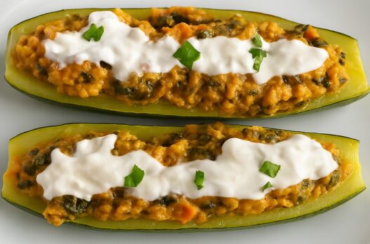 AIP Zucchini Boats free of nightshades, gluten and dairy, made with turkey, kale, and mushrooms for gut health and autoimmune diet support.