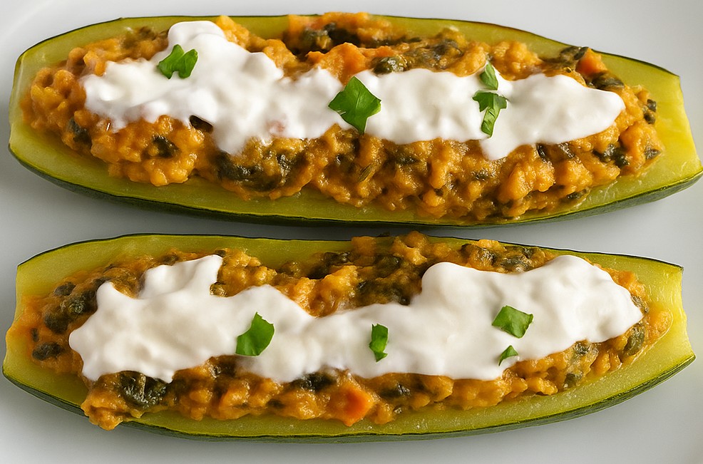 AIP Zucchini Boats free of nightshades, gluten and dairy, made with turkey, kale, and mushrooms for gut health and autoimmune diet support.