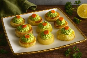 Deviled No Eggs Potatoes on a white platter with avocado guacamole and carrot slices, parsley and lemon garnish. Nightshade free, gluten free, egg free, dairy free.