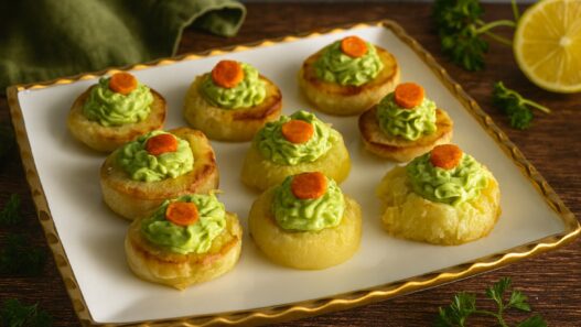 Deviled No Eggs Potatoes on a white platter with avocado guacamole and carrot slices, parsley and lemon garnish. Nightshade free, gluten free, egg free, dairy free.