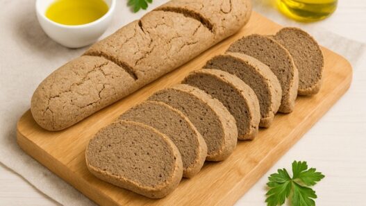 Gluten Free AIP Baguette Bread made with tigernut, green banana, and sweet potato flour on rustic board with olive oil and parsley. Free of grain, eggs, soy, sugar, nightshades.