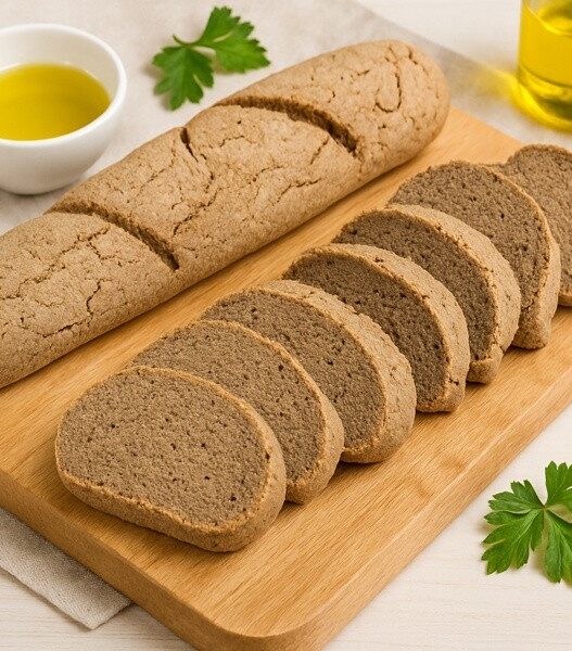 Gluten Free AIP Baguette Bread made with tigernut, green banana, and sweet potato flour on rustic board with olive oil and parsley. Free of grain, eggs, soy, sugar, nightshades.