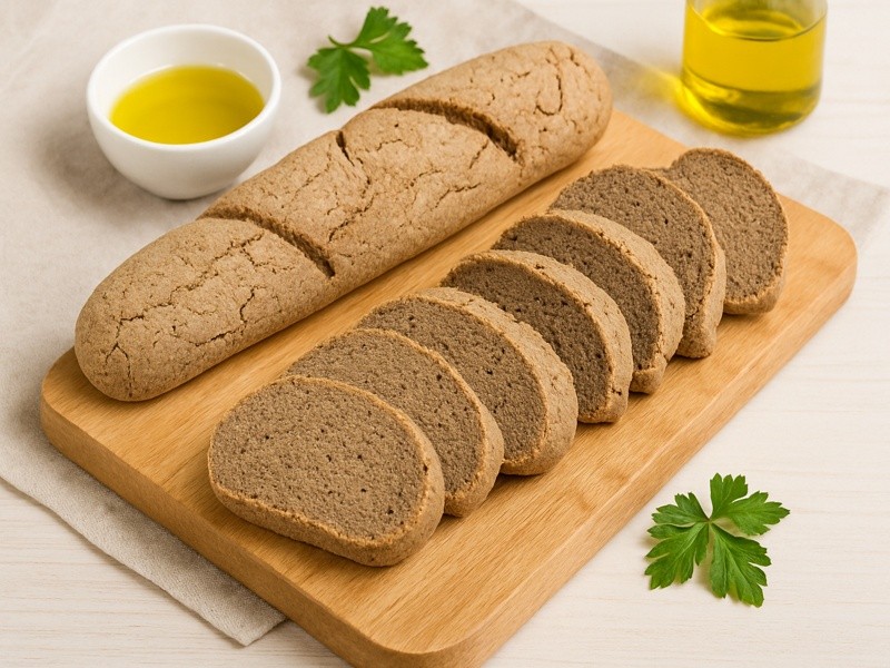 Gluten Free AIP Baguette Bread made with tigernut, green banana, and sweet potato flour on rustic board with olive oil and parsley. Free of grain, eggs, soy, sugar, nightshades.