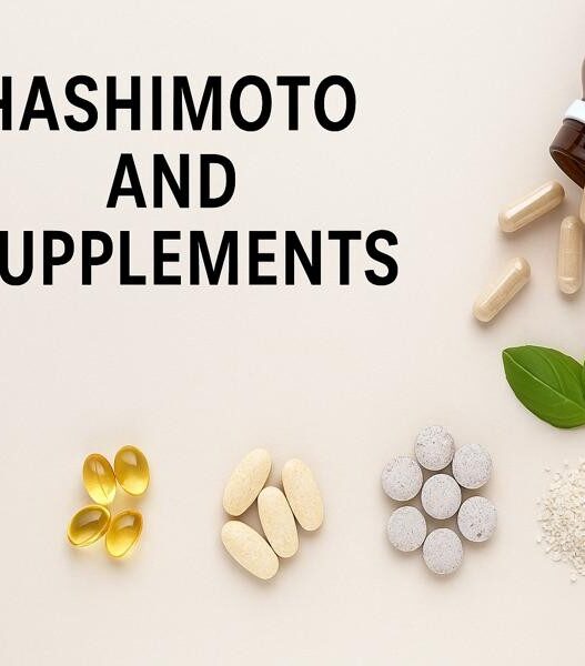 Hashimoto and supplements guide with vitamins, minerals, thyroid health capsules, autoimmune support nutrients, and natural healing approach