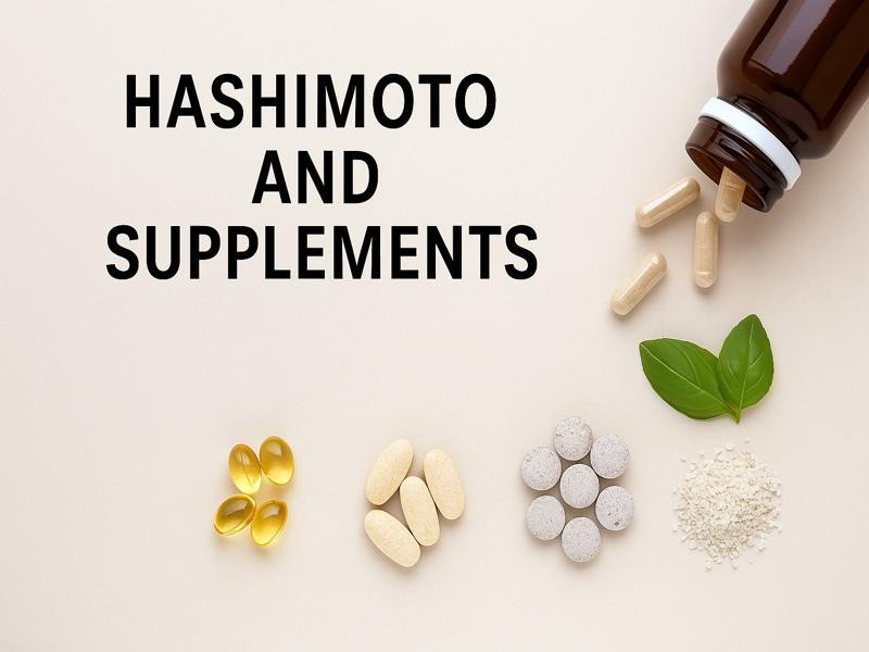 Hashimoto and supplements guide with vitamins, minerals, thyroid health capsules, autoimmune support nutrients, and natural healing approach