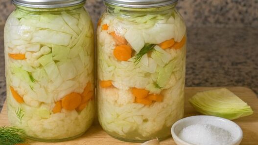 Homemade Fermented Vegetables for gut health with cabbage, carrots, cauliflower, dill, garlic, and horseradish. AIP, probiotic, gluten free, dairy free.