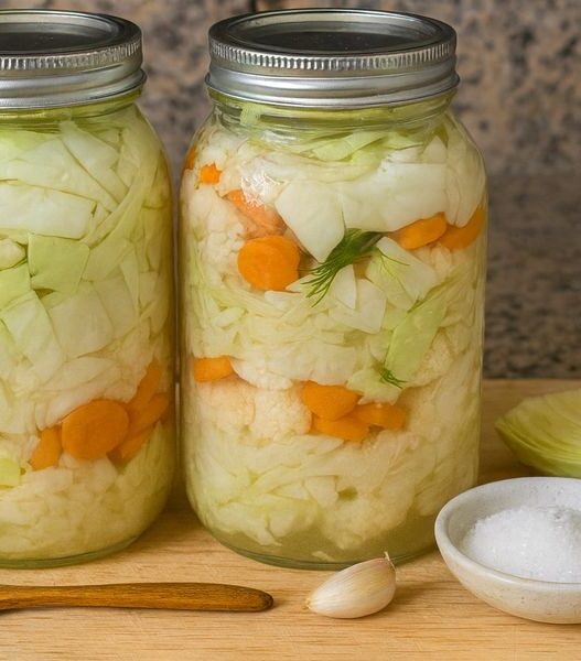 Homemade Fermented Vegetables for gut health with cabbage, carrots, cauliflower, dill, garlic, and horseradish. AIP, probiotic, gluten free, dairy free.