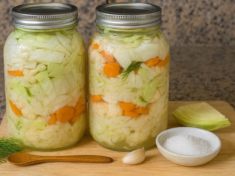 Homemade Fermented Vegetables for gut health with cabbage, carrots, cauliflower, dill, garlic, and horseradish. AIP, probiotic, gluten free, dairy free.