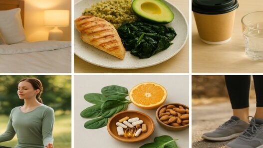 Is Adrenal Fatigue Real lifestyle collage showing healthy sleep, balanced meals, reduced stimulants, restorative practices, nutrient support, and gentle movement for adrenal health and autoimmune wellness.